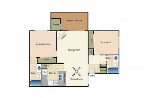 Floor plan for 2 beds, 2 baths, 960 sqft